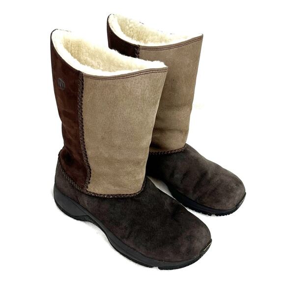 Merrell Suede Boots Mid Calf Winter Two Tone Faux Fur Lined 8 Brown - Picture 1 of 13